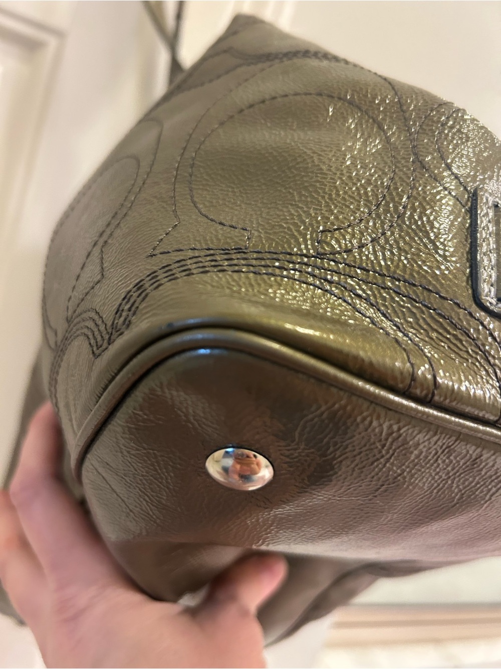 Coach Signature C Stitch Patent Leather Kisslock Satchel Tote Metallic Olive - Picture 5 of 16